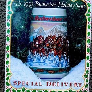 NIB 1993 BUDWEISER HOLIDAY STEIN, SPECIAL DELIVERY. Cert. of Authenticity.